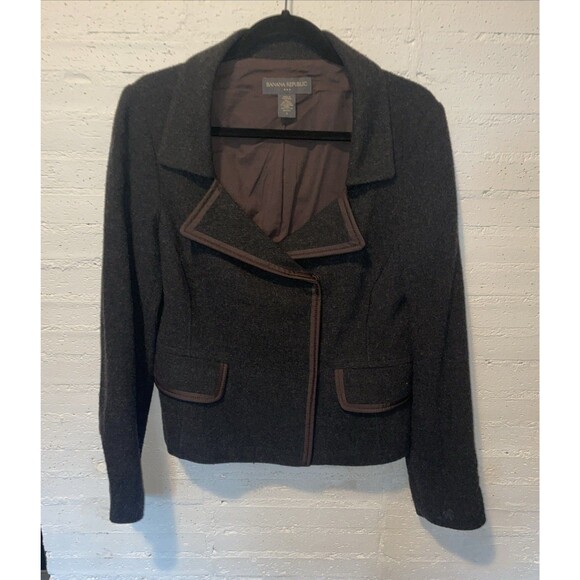 Banana Republic Women Wool Blend Cropped Blazer Charcoal Brown Piping, 8 Preppy - Picture 1 of 7